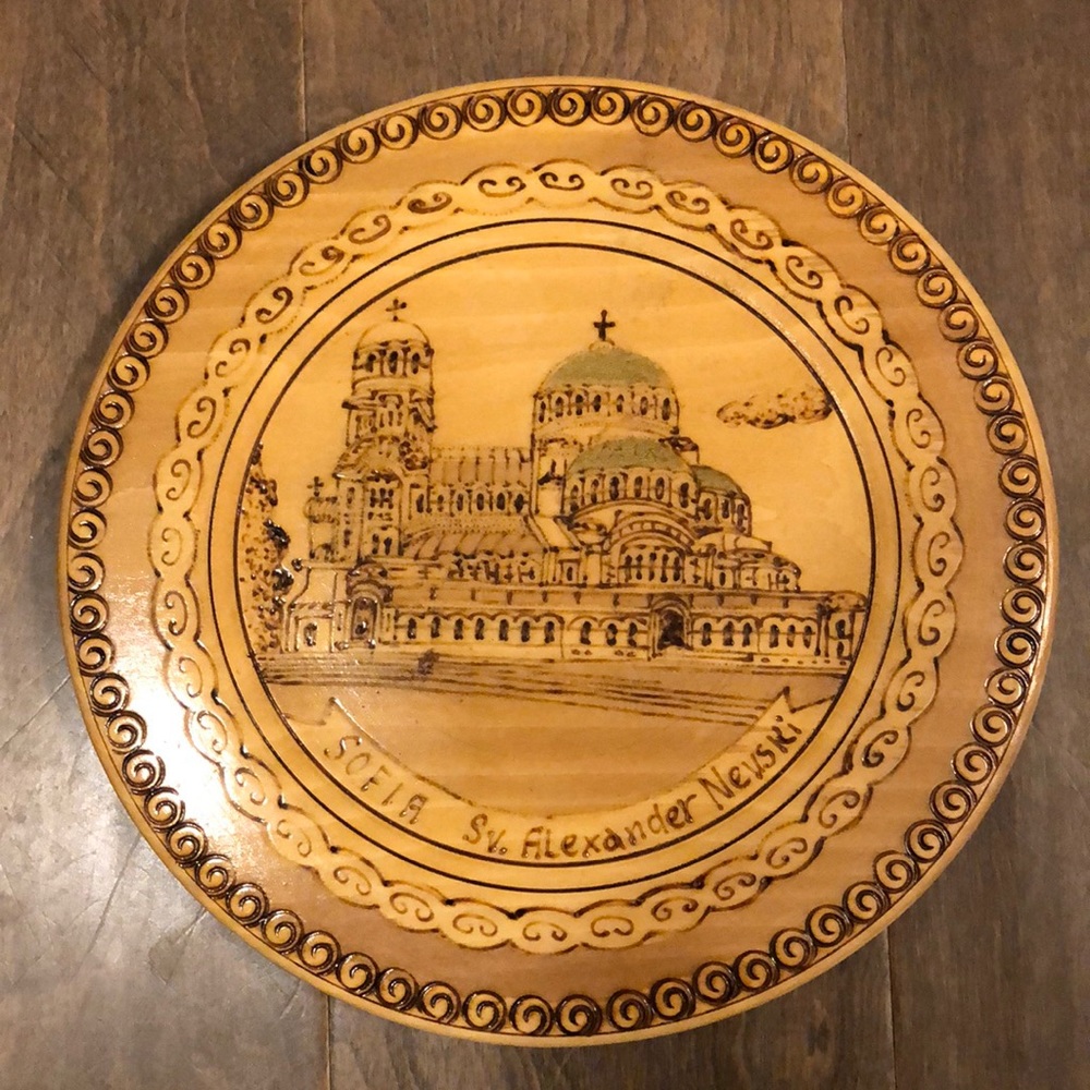 Vintage pyrography wood souvenir plate Sofia Bulgaria Alexander Nevski